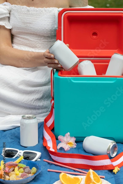 Obraz Woman holding beverage can with copy space over thermos box