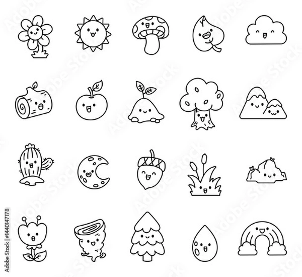 Fototapeta Cute kawaii nature cartoon characters with flowers, trees, fruits, weather, sky, leaves, mushrooms, mountains, rocks, plants, clouds and drops