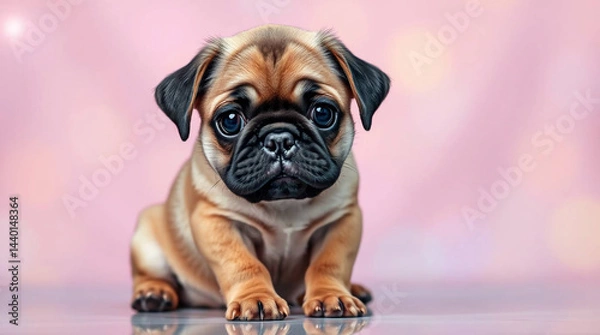 Fototapeta Adorable pug puppy sitting and looking at camera on pink background