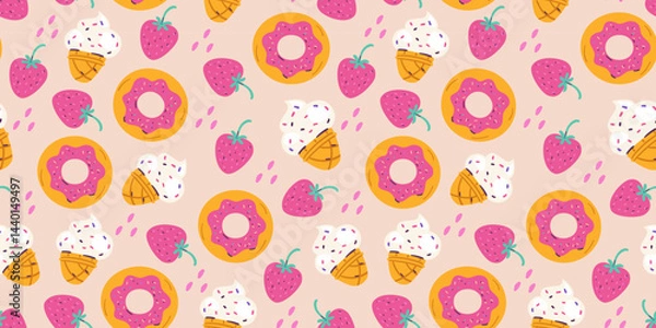 Fototapeta Sweets vector seamless pattern with doodle illustrations of ice cream cones, strawberry, donut.