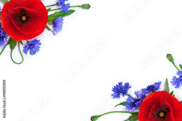 Fototapeta Flowers red poppies ( corn poppy, corn rose, field poppy ), blue flowers cornflower on a white background with space for text. Top view, flat lay