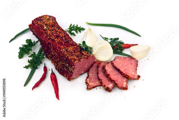Fototapeta Smoked beef with pieces and spice, red chilli pepper, bulb onion and green leaves onion and parsley on a white background with space for text. Top view, flat lay