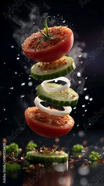 Fototapeta Floating vegetables and flying food suspended tomato slices cucumber and onion rings in fresh salad photography