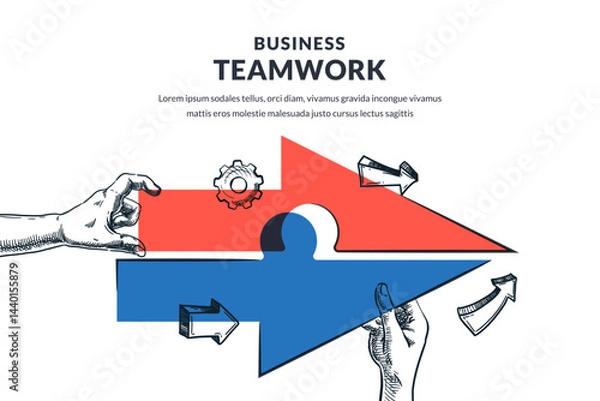 Fototapeta Hands connect arrow puzzle. Vector hand drawn sketch illustration. Success, progresses, development business concept