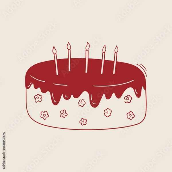 Obraz Hand drawn round cake with glazed top, candles and flowers decorations. Whimsical doodle dessert for birthday, wedding, anniversary. Coquette bakery item. Line art sweet pastry food. Vector graphic
