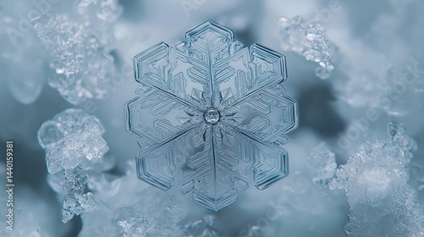 Fototapeta Intricate frozen snowflake in extreme closeup.