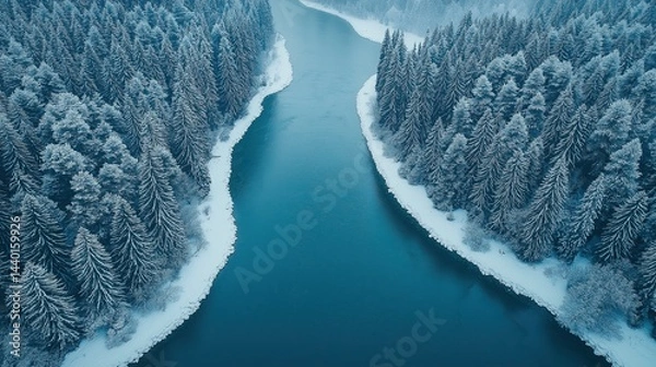 Fototapeta Aerial view of a snowy forest and river.