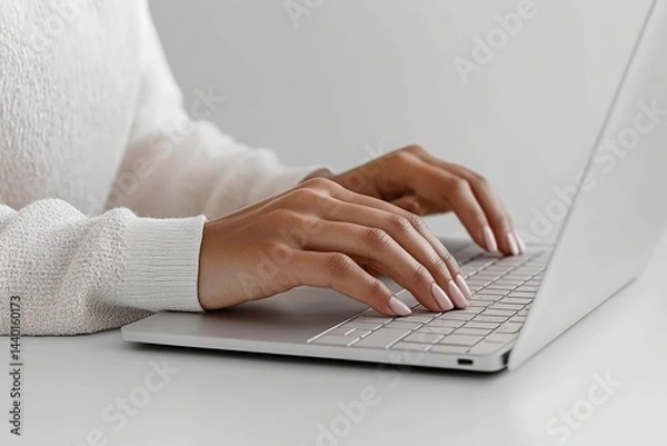 Obraz Close-up of woman's hands typing on a laptop keyboard, showcasing elegant nails and a minimalist workspace.