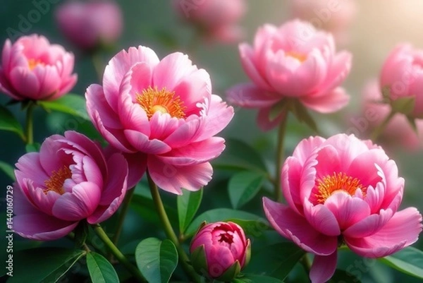 Obraz Bold peony blooms, lush green foliage, endless repeat, foliage, repeat tile, lush