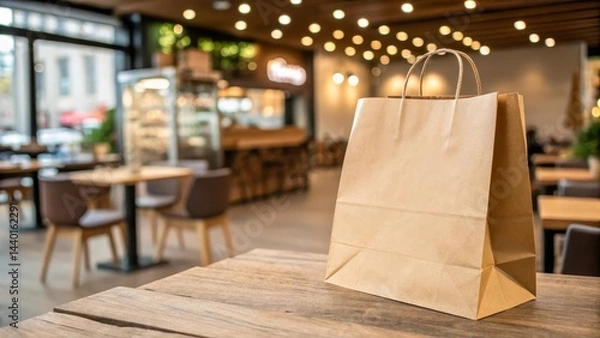 Fototapeta Brown eco-paper bag stands on a wooden surface with a blurred background of a restaurant. Natural materials and an eco-friendly approach. Ideal for packaging and decoration.