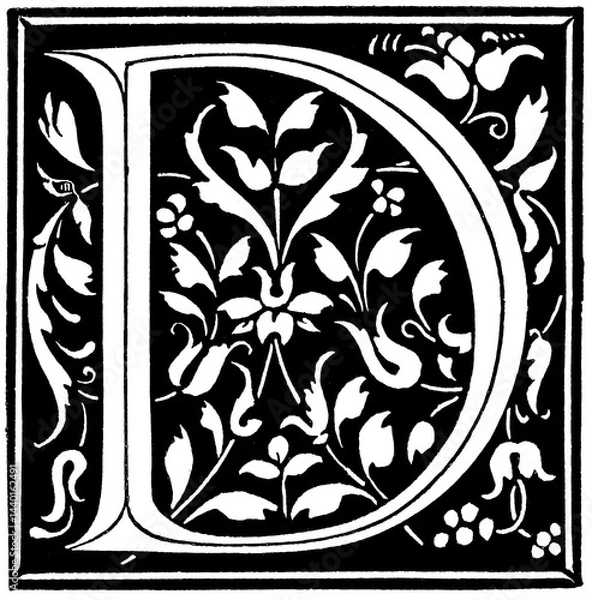 Obraz Italian Renaissance initial letter "D", ornate vintage book illustration with decorative elements. Publication of the "Meyers encyclopedia", Vol. 6, Leipzig, Germany, 1910.