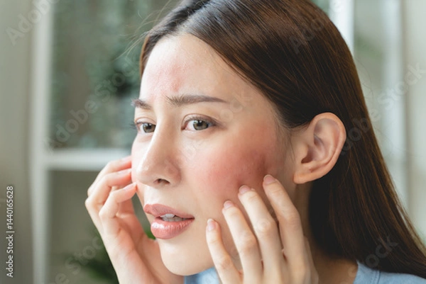 Fototapeta Sensitive skin with cosmetology, Asian young woman looking at red spot on her face from cosmetic allergy in the mirror.