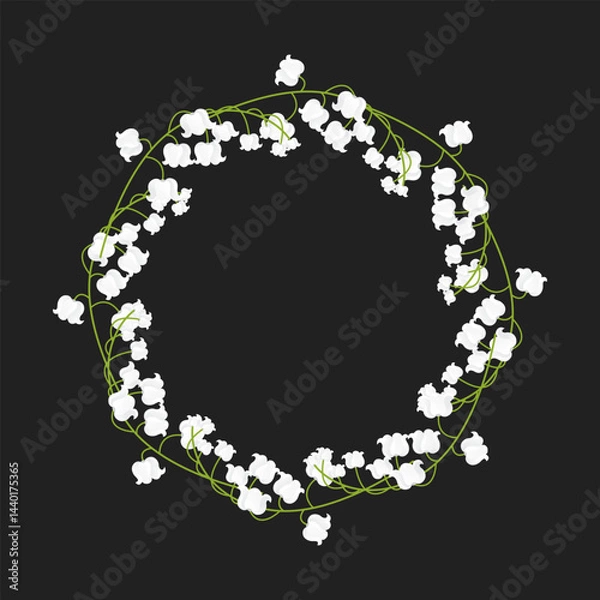 Fototapeta A wreath with lilies of the valley highlighted on a black background. Round frame for your design, postcards, posters.