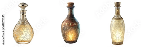 Obraz Set of A bottle with an elongated neck and intricate etchings on the surface isolated on a transparent background