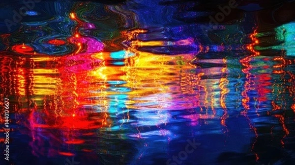 Fototapeta Holiday lights create colorful reflections on a glossy surface during a festive evening