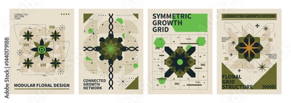 Obraz Geometric Growth: Showcasing a series of four unique designs, each element thoughtfully composed with geometric shapes and organic patterns, offering a visually rich experience. 