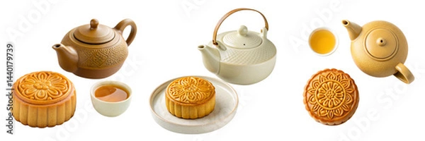 Fototapeta  Set of mooncake and tea pot isolated on a transparent background