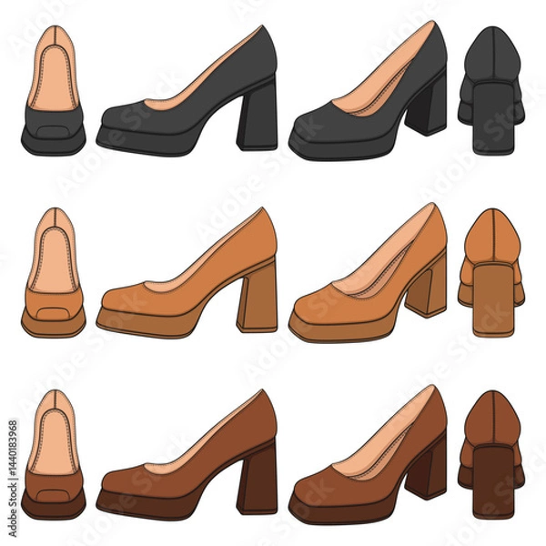 Obraz Set of color illustrations with women shoes on thick heels. Isolated vector objects on white background.