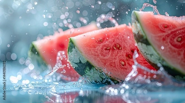 Fototapeta Fresh watermelon slices with a splash of water. Suitable for beverage advertising, summer promotions, healthy eating blogs.
