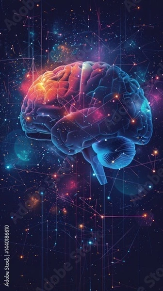 Fototapeta Abstract background with brain against space networks and lights, futuristic design..Useful for scientific articles, technological presentations, backgrounds for creative projects.