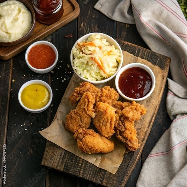 Obraz **Top-down perspective of crispy fried chicken** served with dipping sauces, coleslaw, and mashed potatoes on a dark rustic surface.