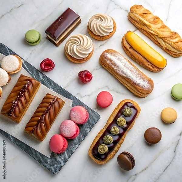 Obraz **Flat lay of assorted pastries** including danishes, éclairs, and macarons, arranged elegantly on a marble countertop.