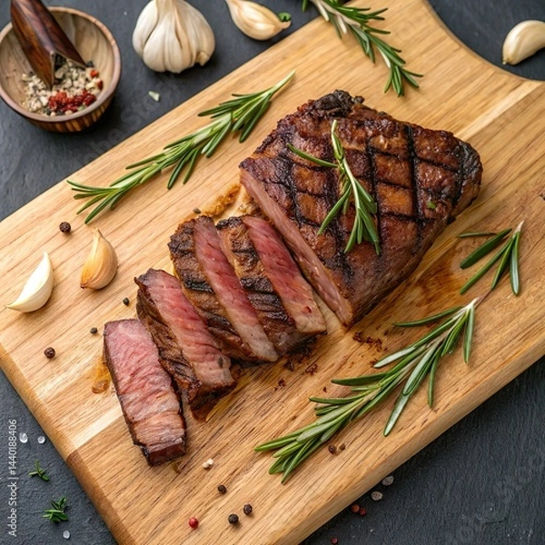 Obraz **Freshly grilled steak** sliced and arranged on a wooden cutting board with rosemary and garlic cloves, shot from above.