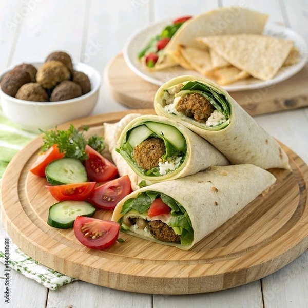 Obraz **Vegetarian falafel wraps** with hummus, fresh veggies, and tahini, neatly folded on a wooden serving platter.