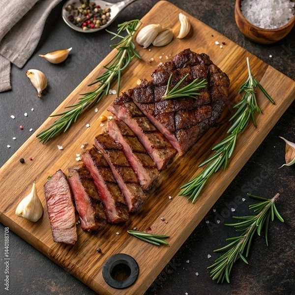 Obraz **Freshly grilled steak** sliced and arranged on a wooden cutting board with rosemary and garlic cloves, shot from above.