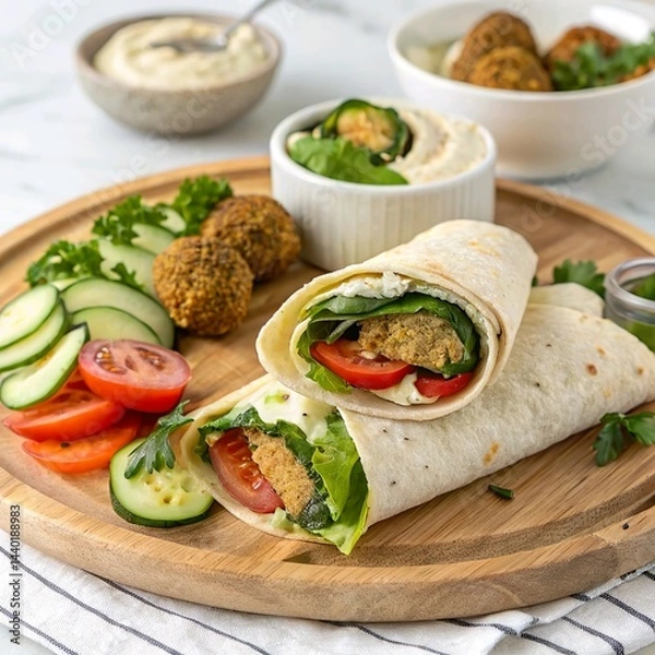 Obraz **Vegetarian falafel wraps** with hummus, fresh veggies, and tahini, neatly folded on a wooden serving platter.