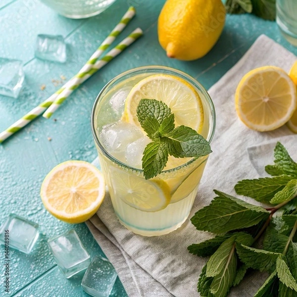 Obraz **Refreshing iced lemonade flat lay**, with sliced lemons, mint leaves, and ice cubes on a textured summer backdrop.