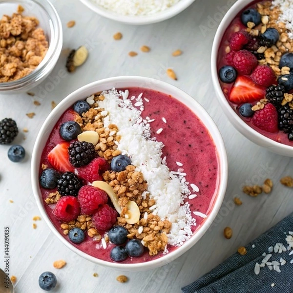 Obraz **Overhead shot of fresh smoothie bowls**, featuring vibrant berry smoothie, granola, and coconut flakes in contrasting colors.