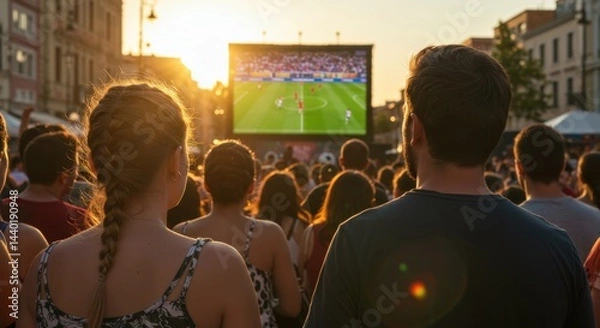 Obraz Sunset Gathering: Crowd Enjoys Outdoor Football Match on Big Screen