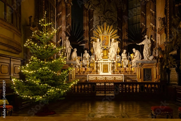 Obraz Christmas tree illuminating a baroque altar inside a church
