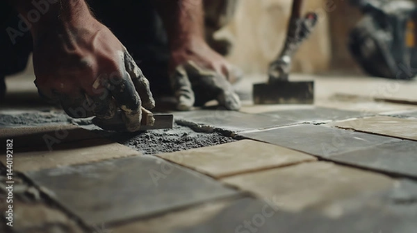 Fototapeta Tile Installation with Mortar and Trowel