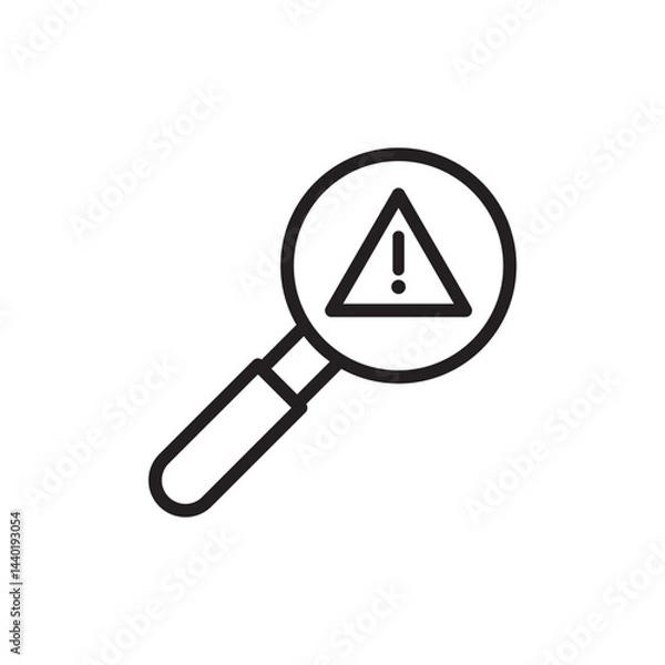 Fototapeta Black outlined isolated illustration of magnifying lens glass and warning sign. Vector icon in flat style
