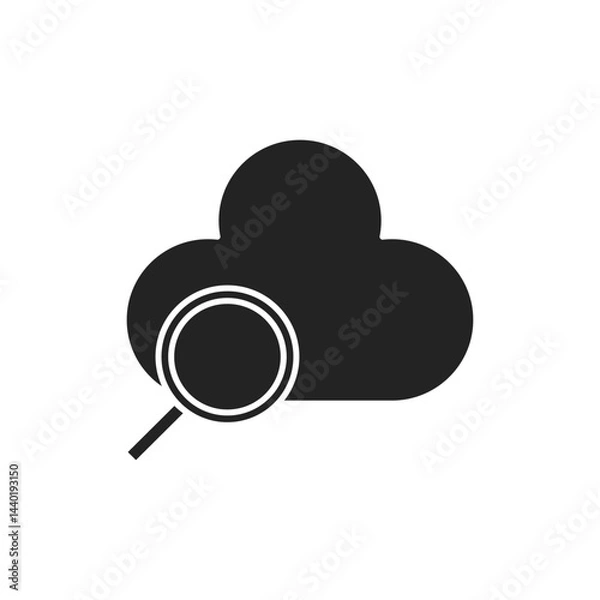 Fototapeta Magnifying lens glass with a cloud black shaped isolated cyberspace sign. Vector icon in flat style.