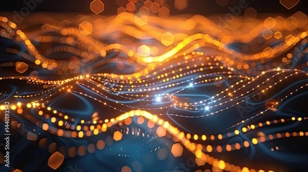 Obraz Abstract Technology Background with Interconnected Glowing Nodes, Lines, and Bokeh Circles,Abstract blue green technology background with a cyber network grid and connected particles