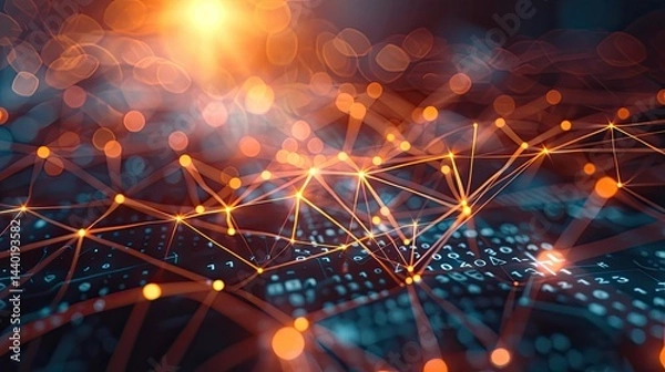 Obraz Abstract Technology Background with Interconnected Glowing Nodes, Lines, and Bokeh Circles,Abstract blue green technology background with a cyber network grid and connected particles