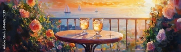 Fototapeta Refreshing drinks on a sunset balcony view