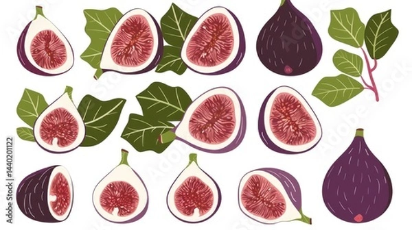 Obraz Colorful illustration of fresh figs and green leaves isolated on white background