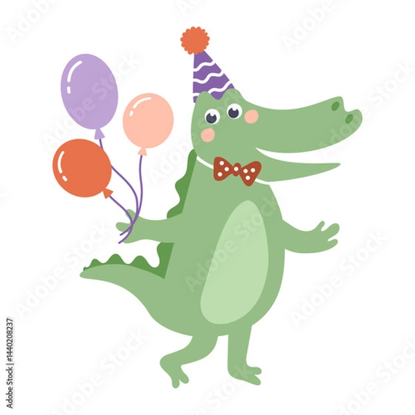 Obraz Cute colorful birthday crocodile. Safari animal character. Hand-drawn vector illustration in flat style.