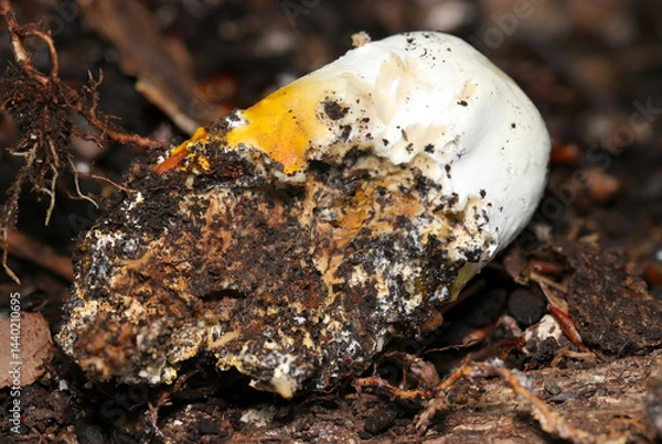 Obraz 朽木の隙間から生えるゆで卵の白身と黄身のようなマンネンタケ属キノコ着生側アップ（ストロボマクロ撮影）