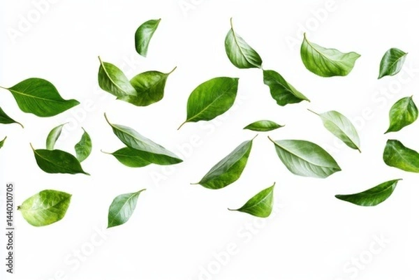 Fototapeta A scattering of fresh green leaves isolated on a bright white background creating a natural pattern