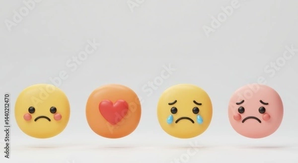 Fototapeta Emotional Spectrum: Four 3D Rendered Faces Displaying Sadness, Love, and Tears on a White Background.