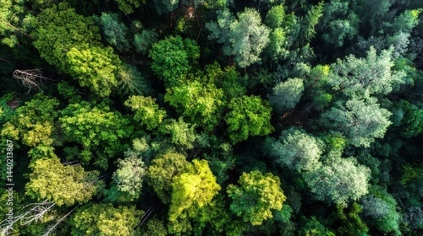 Fototapeta Aerial View of Green Trees in Forest for Carbon Neutrality and Net Zero Emissions, Drone Capture of CO2 Absorption for Sustainable Environment