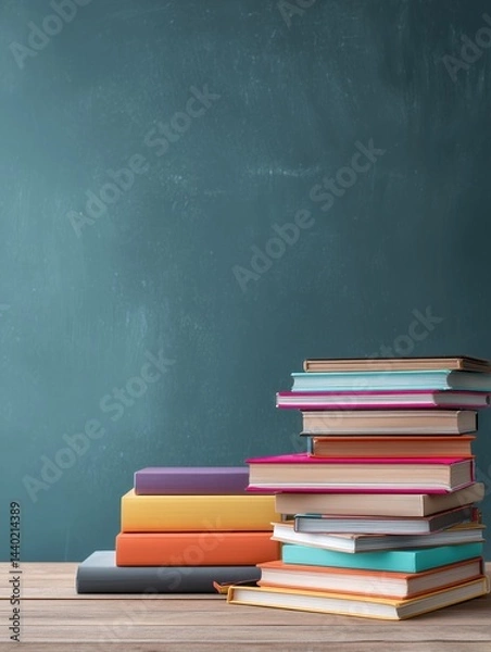 Obraz A vibrant classroom scene featuring a large blackboard, an orange desk and chair, a bookshelf filled with books, and decorative elements like framed pictures and a potted plant. 