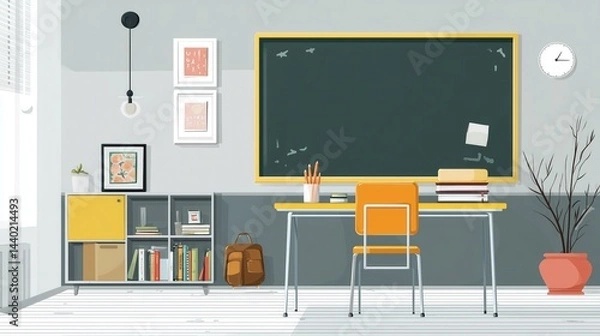 Obraz A vibrant classroom scene featuring a large blackboard, an orange desk and chair, a bookshelf filled with books, and decorative elements like framed pictures and a potted plant. 