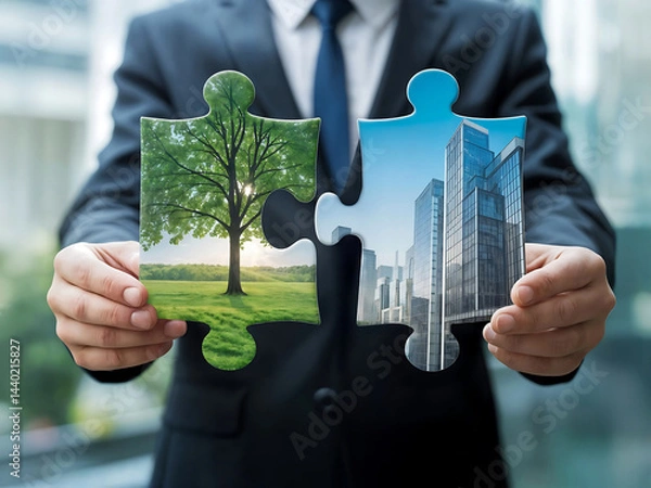 Fototapeta Homme d'affaire tenant deux morceaux de puzzle, écologie en entreprise, pour une politique respectueuse de l'environnement, vers la transition énergétique