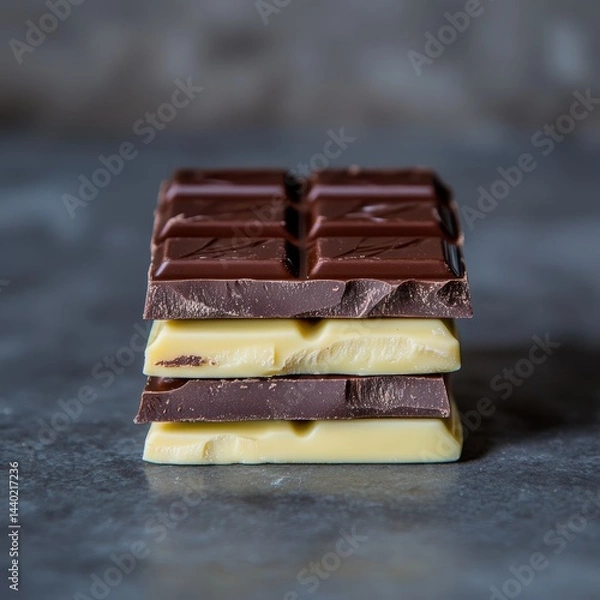 Obraz Stack of various chocolate bars on a gray stone background studio shot close up indulgence candy deliciousness